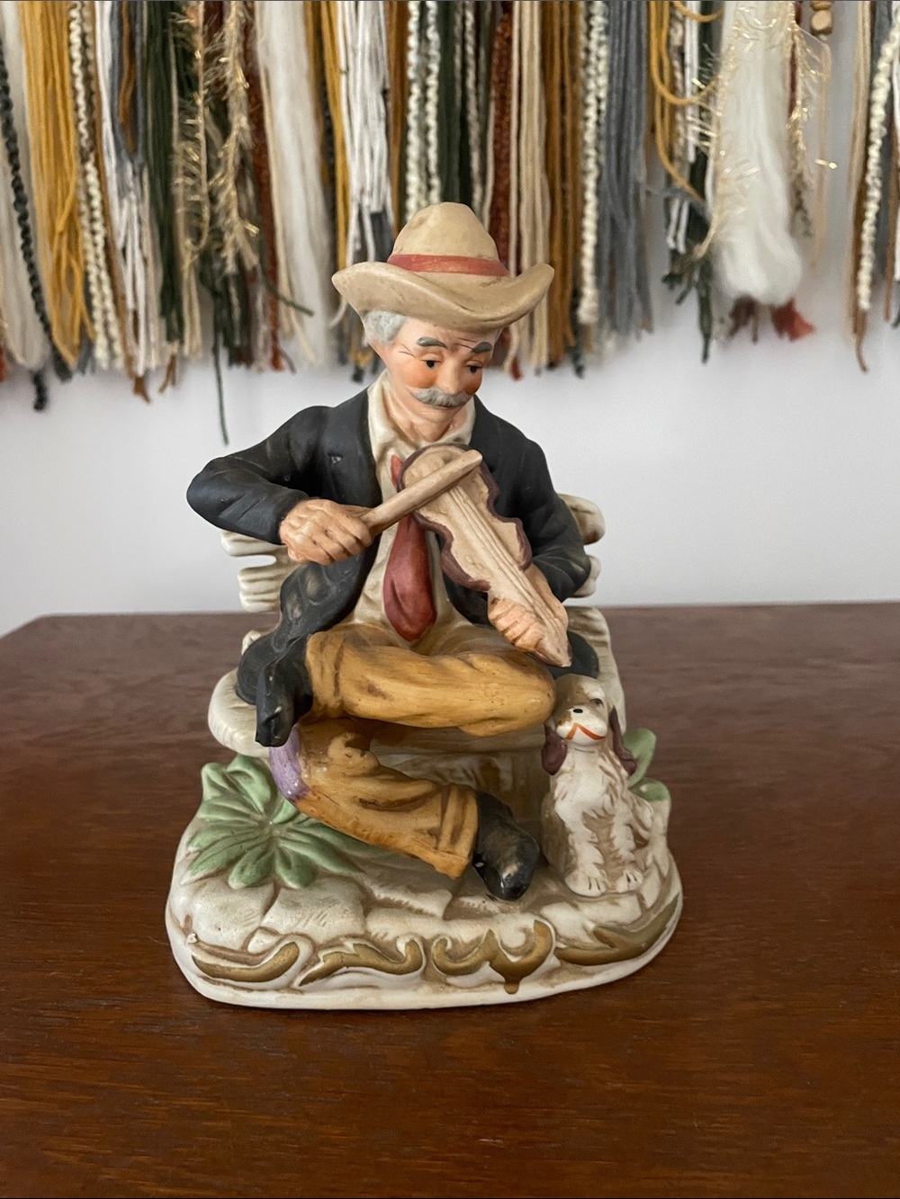 Hand-Painted Ceramic Fiddler Figurine in Black, Tan & Cream